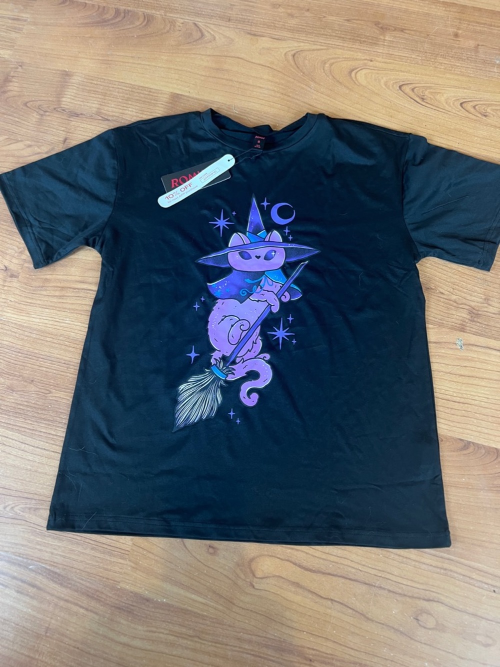 Goth S  Black T shirt oversized Purple Witch Cat Illustration nwt